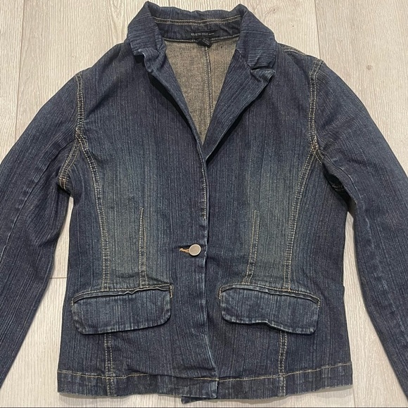 KENNETH COLE Dark Blue Single Button Stretchy Denim Jean Jacket Blazer Size 10 - Picture 3 of 10